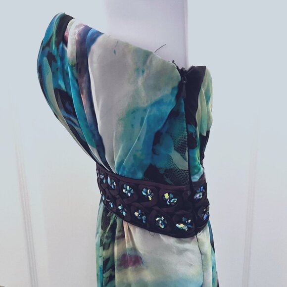 La Famme Long Maxi Multi Color Tropical Sz 0-Strapless Beaded Floral Waist Dress - Picture 5 of 15